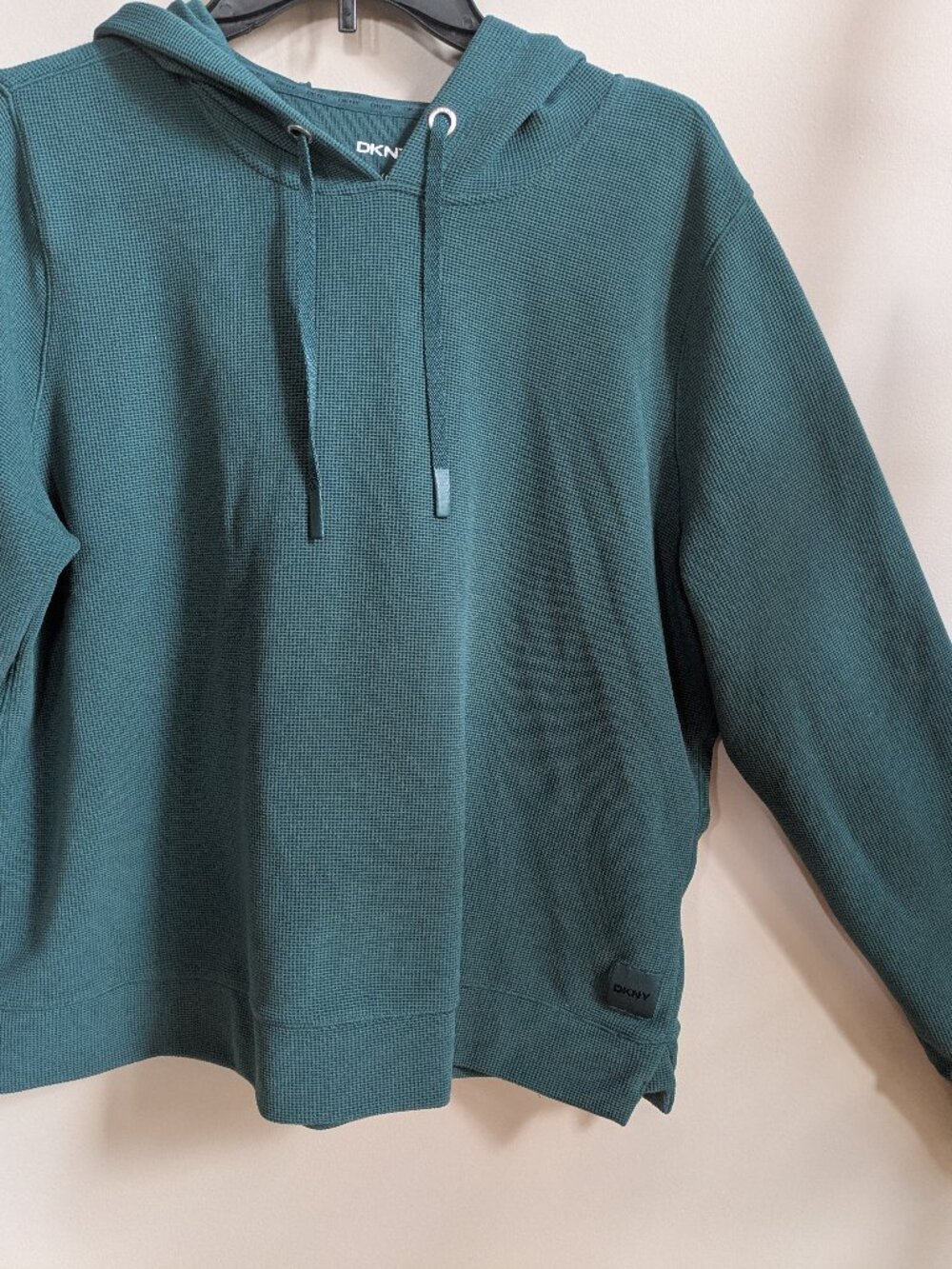 DKNY Women's Teal Green Hooded Waffle-Knit Sweater